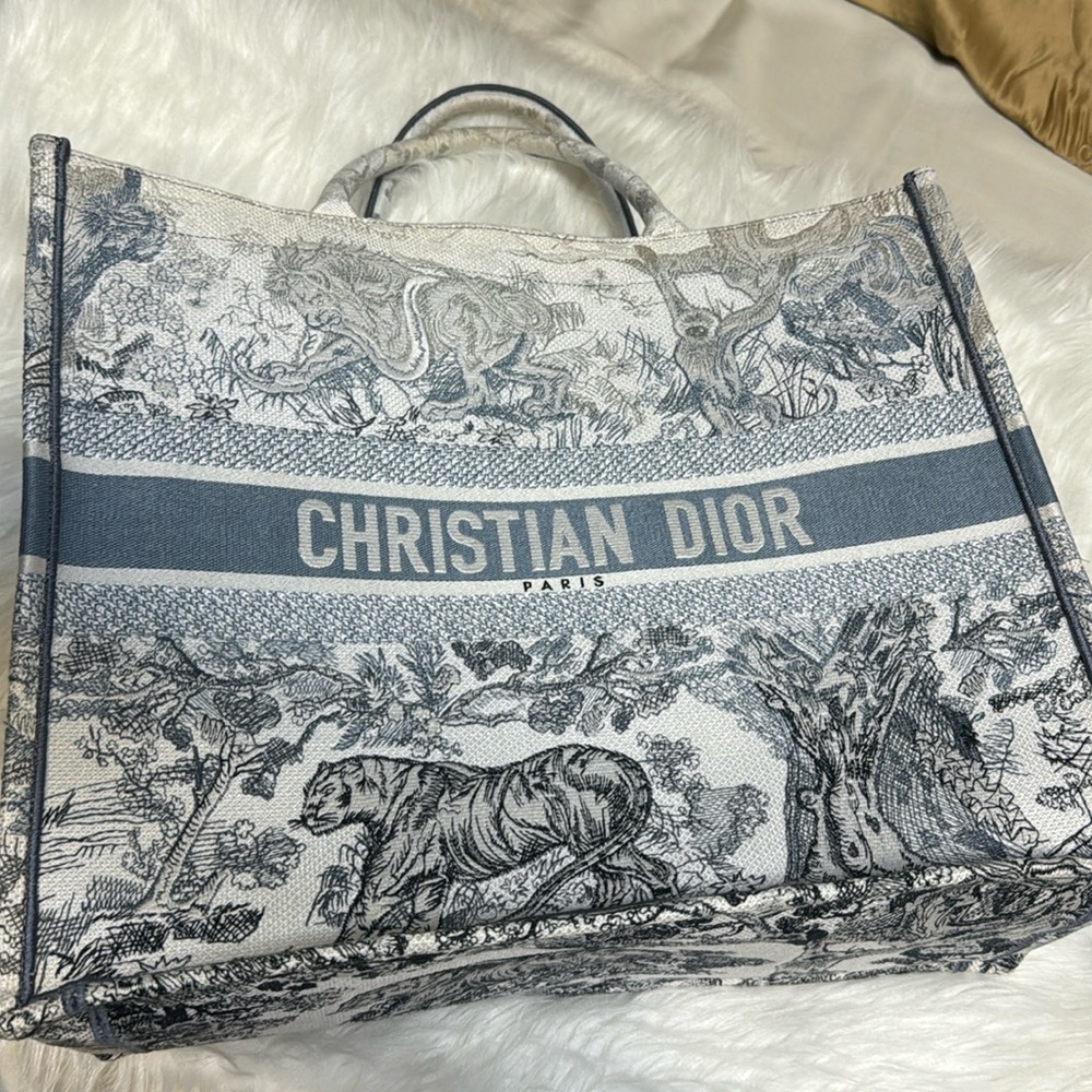 Christian Dior Book Tote Embroidered Canvas Large Blue